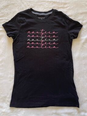 Nautica Black Tee with Pink and Silver Script Logo